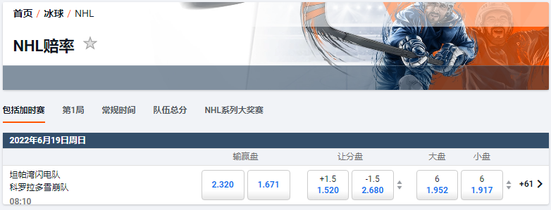 平博(pinnacle)-NHL盘口和赔率-坦帕湾闪电VS科罗拉多雪崩