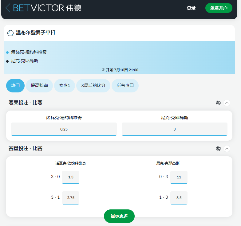 英国历史最悠久的体育博彩平台伟德(betvictor)-2022温布尔登男单总决赛盘口和赔率-德约科维奇VS克耶高斯