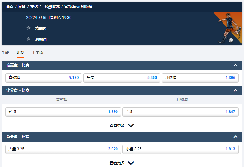 平博的盘口和赔率,英超2022-23赛季-富勒姆 vs 利物浦