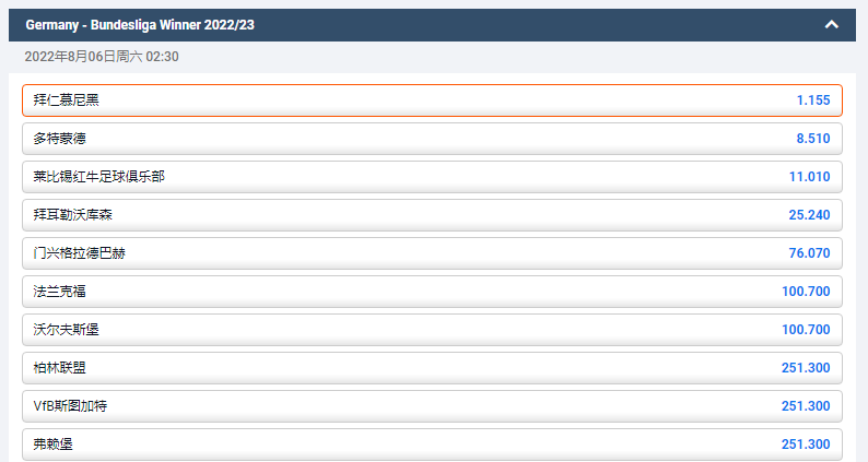 来自平博pinnacle的赔率，德甲2022/23赛季拜仁慕尼黑夺冠赔率为1.155，排在第一位