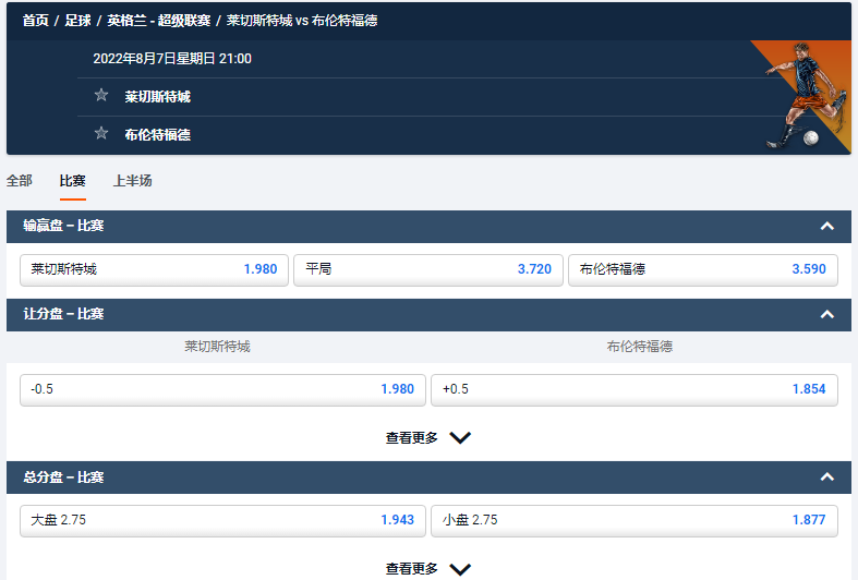 英超2022-23赛季，莱切斯特城 vs 布伦特福德的平博pinnacle盘口赔率