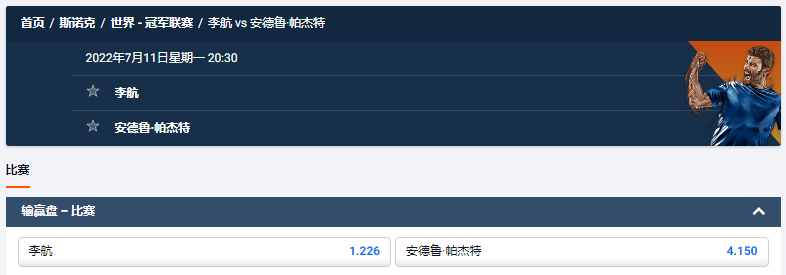 pinnacle平博体育-斯洛克冠军联赛-盘口和赔率-李航 vs 安德鲁·帕杰特