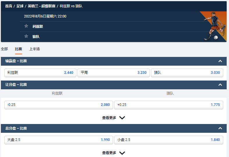 平博的赔率和盘口，2022-23赛季英超，利兹联 vs 狼队