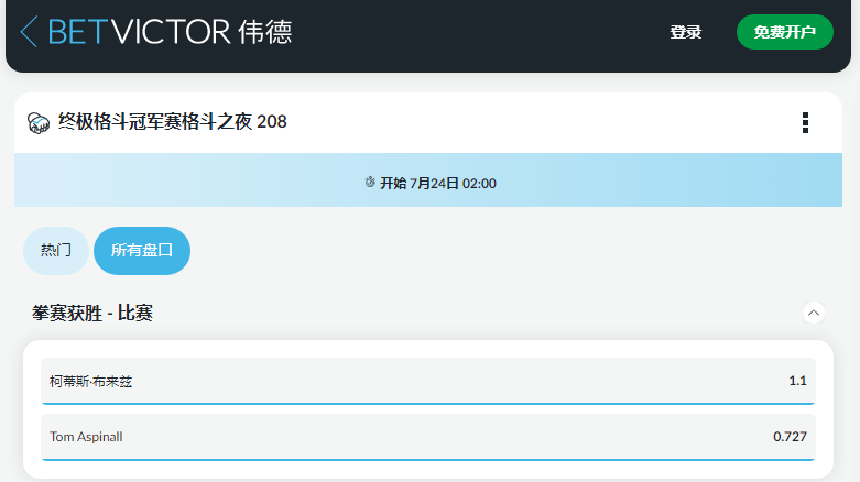 betvictor伟德,UFC格斗之夜的盘口和赔率