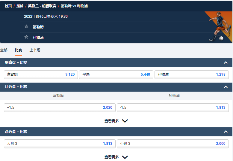 平博体育(pinnacle)的赔率显示，富勒姆2002-2003首场英超联赛对战利物浦，富勒姆赔率9.12，利物浦1.298