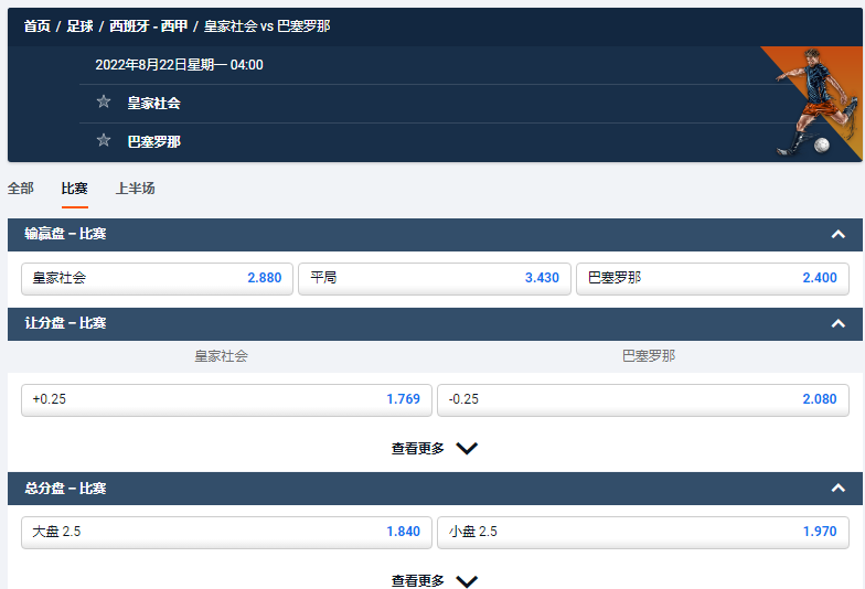西甲2022-23赛季，平博盘口和赔率，皇家社会VS巴塞罗那
