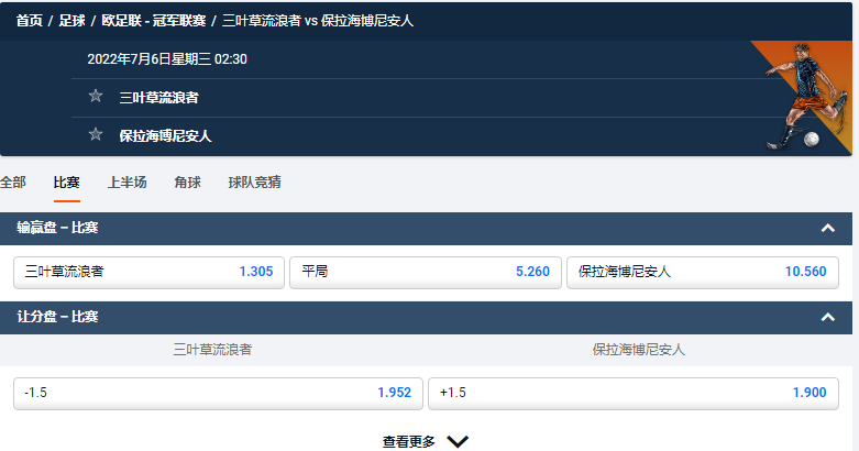 顶级体育博彩平台平博体育(pinnacle)的欧足联冠军联赛盘口和赔率，三叶草流浪者VS宝拉海尼安人