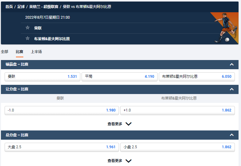 2022-23英超赛季,曼联 vs 布莱顿,平博pinnacle的盘口和赔率