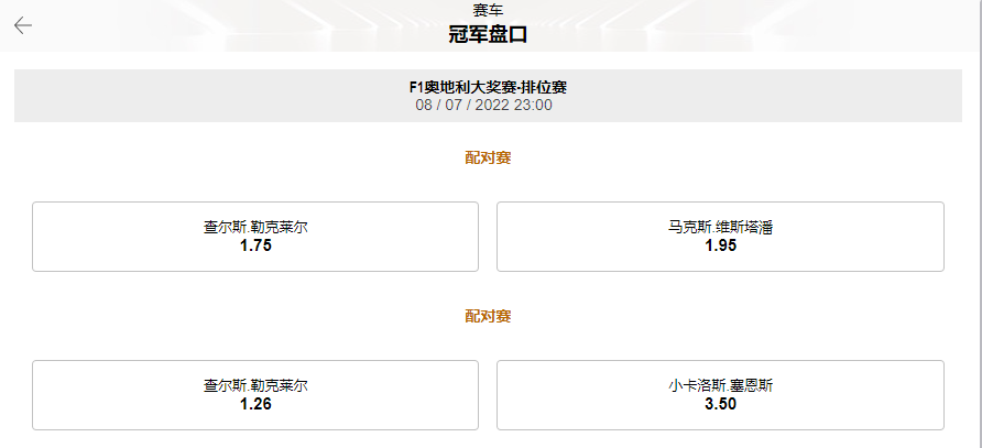 一级方程式赛车的赞助商-188金宝博给出的F1奥地利大奖赛-排位赛盘口和赔率
