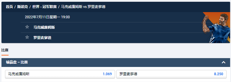 pinnacle平博体育-斯洛克冠军联赛-盘口和赔率-马克威廉姆斯 vs 罗里麦寥德