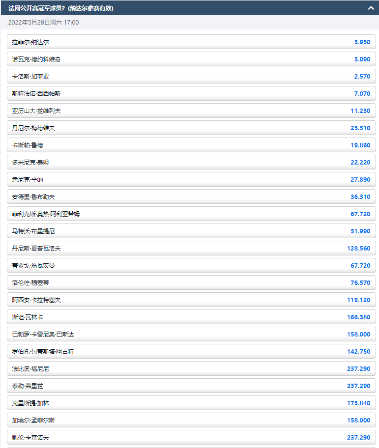 平博(pinnacle)-2022法网ATP盘口和赔率