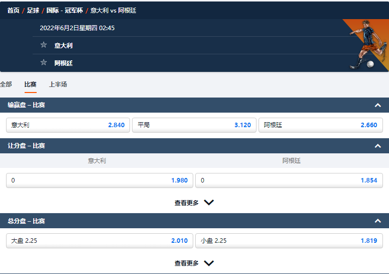 平博-pinnacle-冠军杯-意大利VS阿根廷-盘口赔率