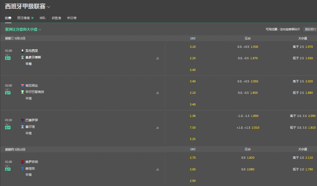 bet365-本周西甲联赛盘口赔率