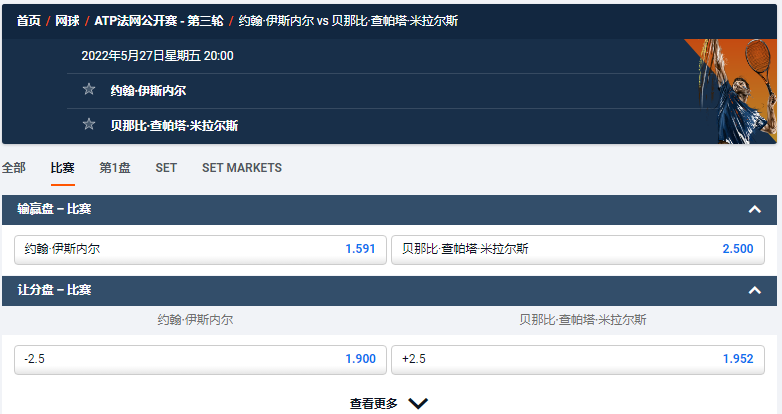 2022法网盘口-平博(pinnacle)赔率-John Isner ML 和 Bernabe Zapata Miralles