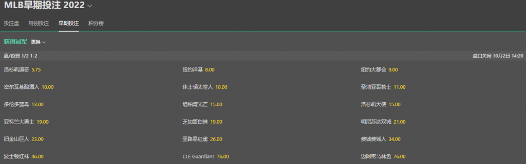 美国职业棒球大联盟-MLB-bet365盘口和赔率