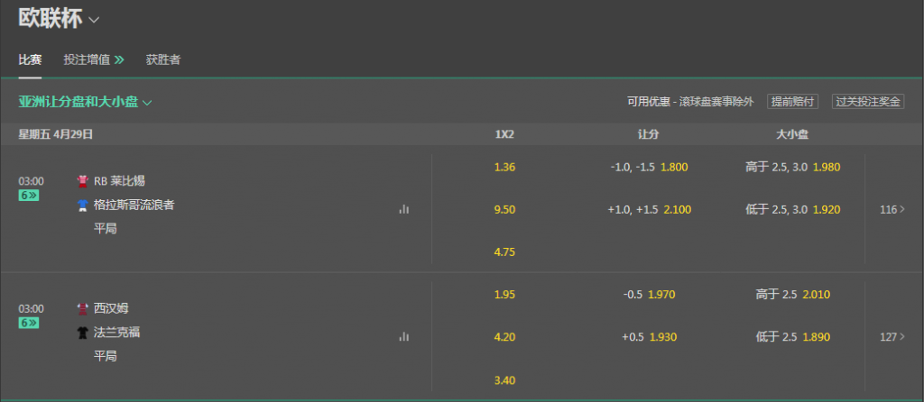 bet365-足球欧罗巴(欧联杯)盘口和赔率
