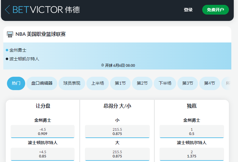 伟德-betvictor-2022NBA总决赛盘口第2场-盘口赔率