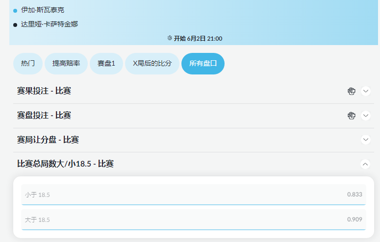 法网公开赛-Iga Swiatek vs. Daria Kasatkina-全场总局数-伟德盘口和赔率