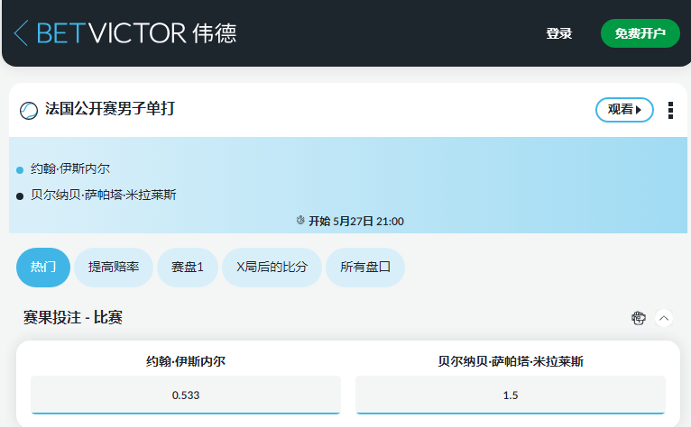2022法网盘口-伟德(betvictor)赔率-John Isner ML 和 Bernabe Zapata Miralles