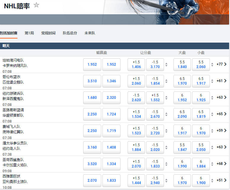 平博-冰球-NHL盘口和赔率