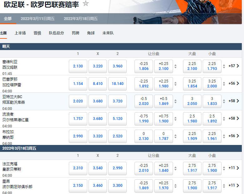 平博-足球-欧罗巴联赛(欧联杯)盘口和赔率
