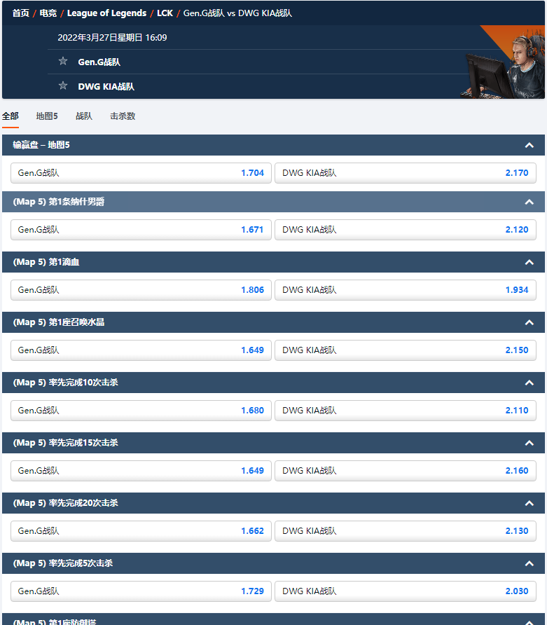 平博-LCK春季赛盘口和赔率