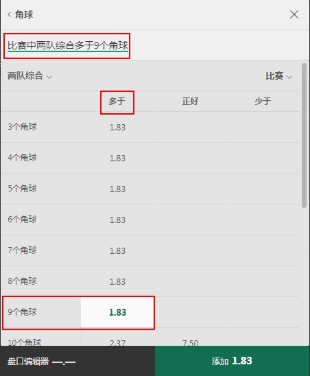 bet365-盘口编辑器-选择角球全场大9