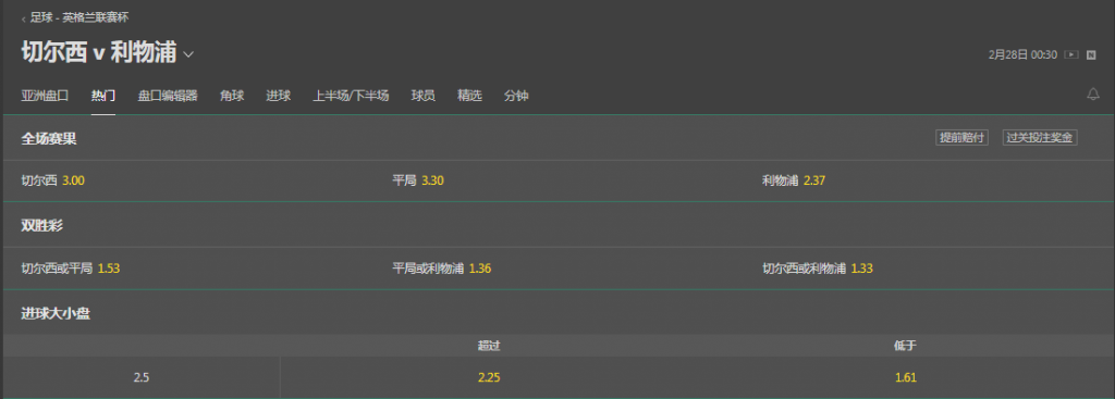 bet365足球-英格兰联赛杯-切尔西VS利物浦-盘口赔率