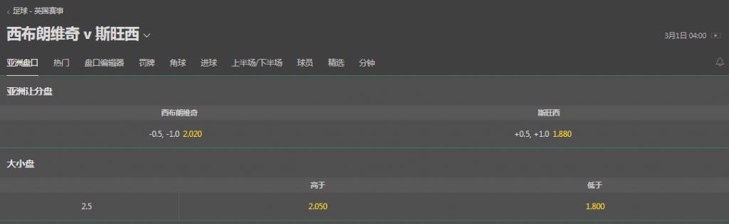 bet365-英格兰冠军联赛-西布朗VS斯旺西-盘口和赔率