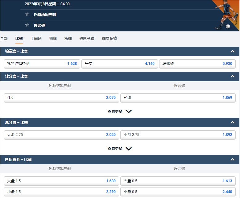 平博-热刺VS埃弗顿盘口和赔率