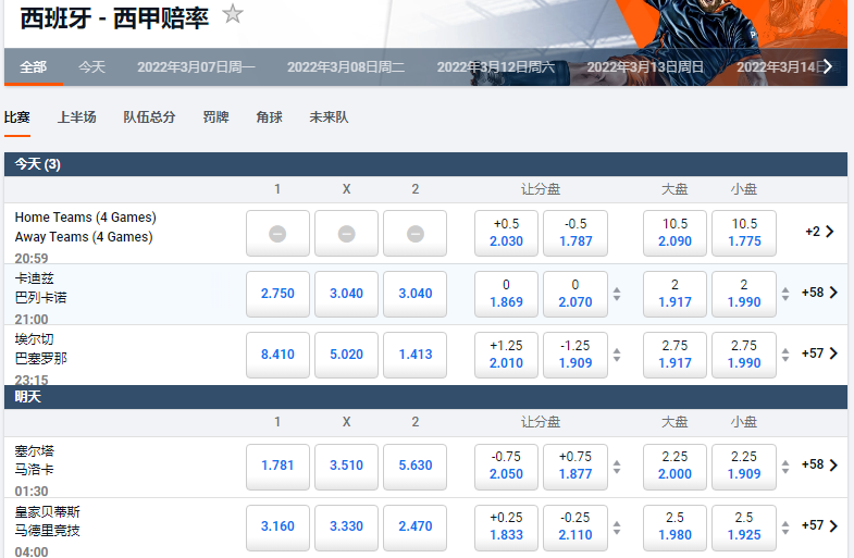 平博-西甲盘口和赔率