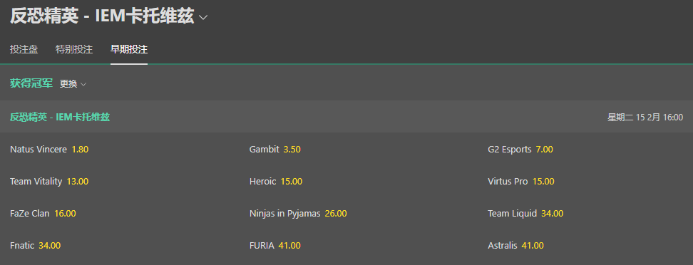 bet365-IEM卡托维兹-获得冠军-盘口